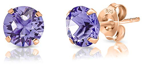 DTPsilver® Pendientes Pequeños - Pendientes Mujer Plata de Ley 925 Chapados en Oro Rosa con Cristales Swarovski® Elements - Pendientes Oro - Diámetro: 6 mm - Pendientes Tanzanita
