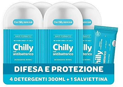 Chilly Detergente Antibatterico per l'Igiene Intima con Azione di Difesa e Protezione, Fragranza di Timo e Salvia, PH 5, Clinicamente Testato, Confezione da 4 Flaconi da 300ml