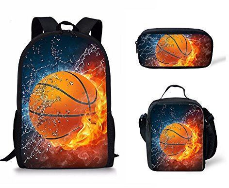 Binienty Modische Schultasche 3-in-1 für Kinder, Jungen, Mädchen, Rucksack + Lunch-Tasche + Federmäppchen, Feuer-Basketball, Einheitsgröße,