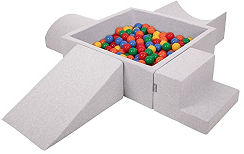KiddyMoon Skumlekplats för barn med fyrkantigt bollhav (300 bollar), ljusgrå: gul / grön / blå / röd / orange