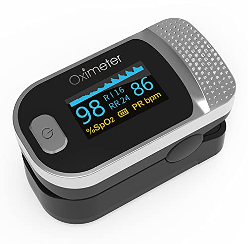 Pulse Oximeter Fingertip, 4-in-1 Oximeter with Perfusion Index, Respiratory Rate, Heart Rate Monitor, Blood Oxygen Saturation Monitor, OLED Screen and Alarm Function (Black)