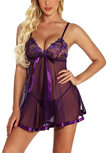 marysgift Nighties for Women Lace Babydoll Lingerie Floral Soft V Neck Mesh Chemise Sexy Halter Nightdress Ladies Nightwear Purple XL UK 12 14