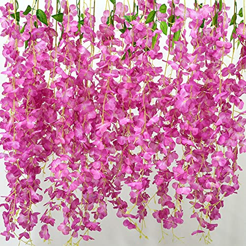 AIBAOBAO 12 Piezas Artificiales Flores Wisteria, Guirnalda de Flores Artificiales para Home Garden Party Decoración, Boda Simulación Flor, Jardín Boda Balcón Exterior Interior(Rosa púrpura)