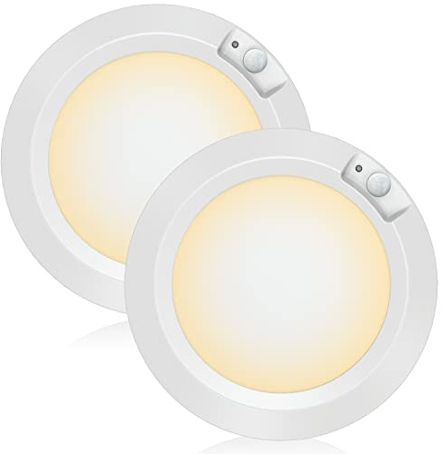 Awanber batteridriven rörelsedetektion LED-ljus, rörelsesensor batteri taklampa 2 arbetslägen 210 LM trådlös skafferi lampa för skjul, garderob, tvättstuga källare – 3 000 K varmt vit (2-pack)