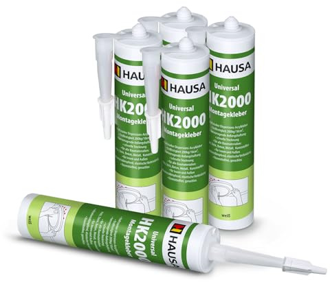 HAUSA Colle de montage universelle HK2000 Colle acrylique à dispersion adhésive Idéale pour les supports poreux à l'intérieur et à l'extérieur Résistance finale 200kg/10cm² 5x 310ml Blanc