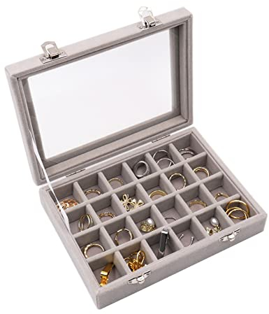 Yuknees Jewellery Box Organiser,Velvet Earring Jewellery Boxes 24 Section Earring Storage Organiser Jewellery Display Box Clear Container Showcase Home Organisation-Grey