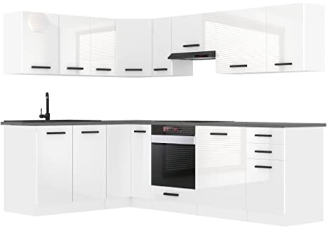 Belini Küchenzeile L-Form Janet, mit Arbeitsplatten, Weiß Hochglanz | Küchenblock Küche Küchenmöbel mit Griffe, Einbauküche ohne Elektrogeräten mit Hängeschränke und Unterschränke