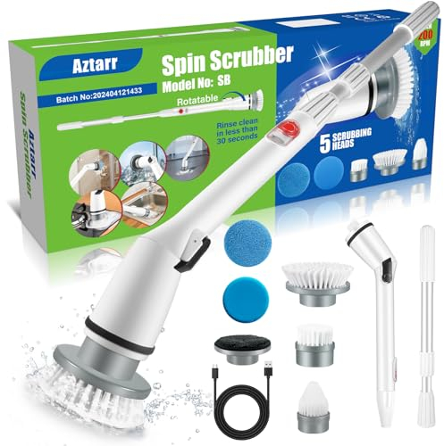 Aztarr Electric Spin Scrubber Cordless Shower Cleaner Bathroom Cleaning Brush Scrubbing with Tool Free Adjustable Extension Arm and 5 Replaceable Heads for Tile Tub Kitchen Floor Bathroom, White