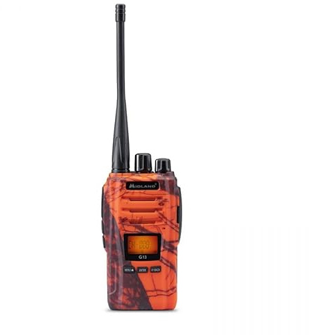 Midland- Walkie Talkie Profesional Largo Alcance G13 Blaze, Emisora Trekking y Outdoor, 99 Canales PMR446, Impermeable IPX4, 12Km, VOX y Canal RRM, Batería Li-Ion 2600mAh hasta 40H, Moassy Oak Naranja