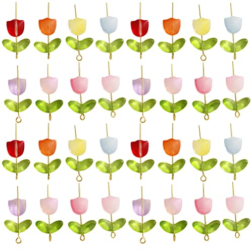 LOGOFUN 200 Pcs Tulip Flower Beads Glass Translucent Bracelet Beads Colorful Handcrafted Crystal Loose Glass Beads for DIY Jewelry Making Mothers Day Gifts (Without Needle)