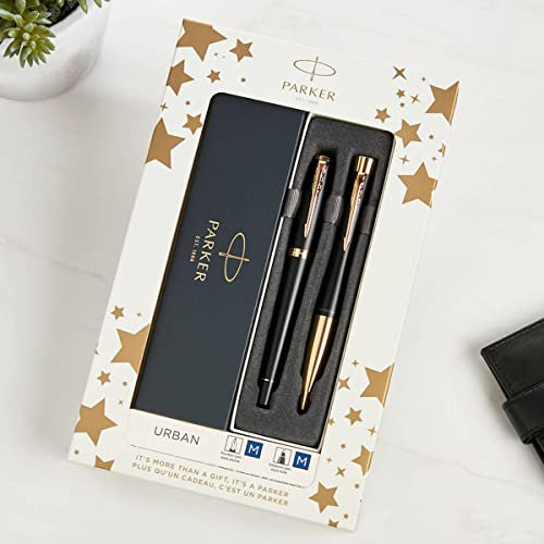 Parker Jotter Ballpoint & Fountain Pen Gift Set - Personalised Ballpoint Fountain Muted Black with Gold Trim - Gift for him, CEO, executives