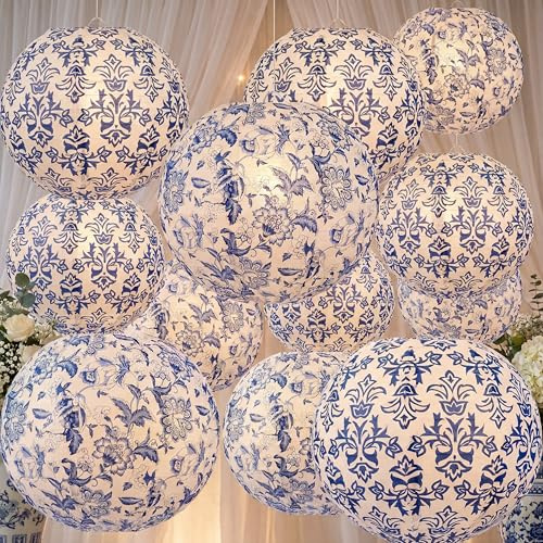 Retisee 12 Pcs Chinoiserie Paper Lantern Set 10 Inches Wedding Blue and White Decoration Blue and White Porcelain Print Decor Chinese Hanging Lantern for Ceiling Birthday Baby Shower Home Decor