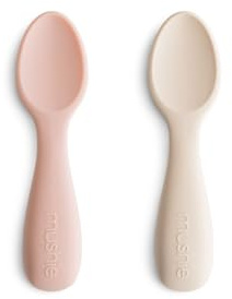 mushie Silicone Toddler Starter Spoons | 2 Pack (Blush/Shifting Sand)