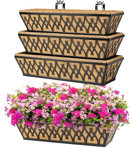 Blumenkästen, Pflanzgefäße für Outdoor-Pflanzen, Geländer, Pflanzkasten mit verstellbaren Halterungen für Fensterbank, Veranda, Zaun, Terrasse, hängende Blumen, Kokoskörbe für Außendekoration, Schwarz