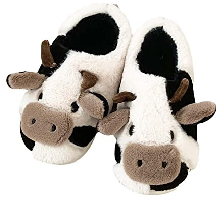 Feaolala Hausschuhe Damen Herren Unisex Kuh Slippers Plüsch Gefüttert Pantoletten rutschfest Winter Lustig Schuhe Weich Warm Tiere Hauspantoffeln Indoor Mädchen Geschenk (44-45,Kuh)