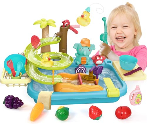 Sitodier Spielspüle Spielzeug mit fließendem Wasser, Küchenspüle für Kleinkinder ab 3 Jahren mit manueller Pumpe/Wasserrutschbahn/Angelset, Vorgeben spielen Spielzeug Wasser spielen für Jungen Mädchen