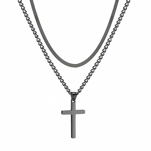RWQIAN Kreuz Kette Herren Kreuzkette Edelstahl Silber/Gold/Schwarz Layered Kreuz Kette Flache Schlangenkette mit Kubanische kreuz Anhänger Christliches kreuz Schmuck Geschenke für Männer