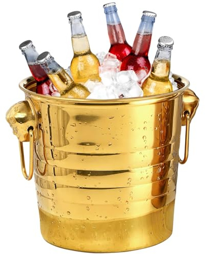 Veesper Seau de Glace en Or pour Les fêtes 5L Bodet de vin Bucket en Acier Inoxydable Baignoire avec poigne Seau en Or Champagne pour Mariage, vin de Banquet, Boisson