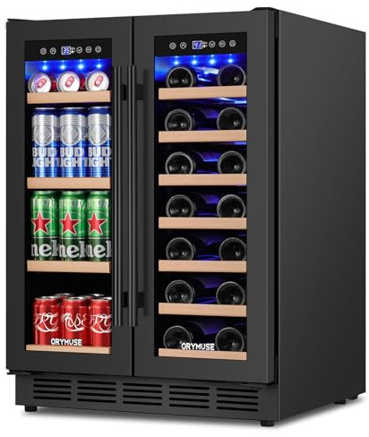 24 Dual Zone Wine & Beverage Refrigerator – Under Counter Cooler with Upgraded Cooling & Blue LED Light, Hold 20 Bottles and 88 Cans Large Capacity Wine Fridge, Built-In or Freestanding – Black