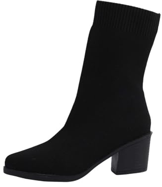 Hohe Stiefeletten Damen Mit Absatz Sexy - Ankle Boots Mit Blockabsatz Strick Schlupfstiefeletten Einfarbig Elegante Damenstiefel Spitzzehe Pumps Stretch Kurzschaft-Stiefel-Boots