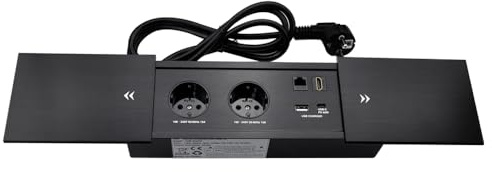 Versenkbare Steckdose mit USB c 65W Konnektivität Box Konferenztisch Power Box mit 2 Steckdosen+ 1 USB-A+C 65W Ladegerät+1 CAT6+ 1 HDMI/USB-C Daten(Schwarz) (Sliding)