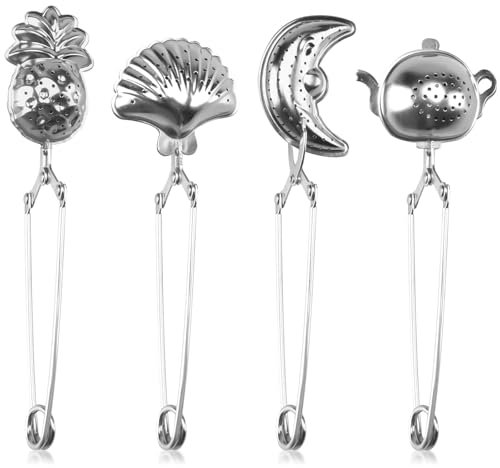SupRovare 4 coladores de té para disolver té, infusor de té para taza, colador de té, pinzas de té, infusor, colador de té para tetera, hojas sueltas (plata)