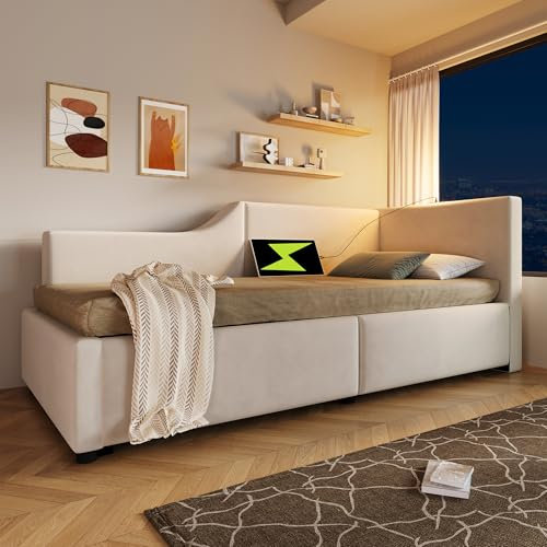 Dagbädd med lä och USB-C-laddningsfunktion hydraulisk vadderad säng sänglåda soffa för vuxna dagbädd träribbotten enkelsäng gästsäng beige 90 x 200