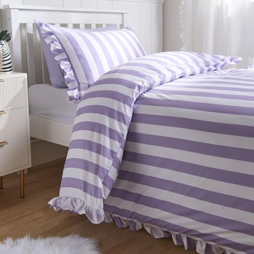 OHS Double Duvet Set Stripe Lilac Bedding, Gifts for Women Super Soft Cosy Warm Ruffle Frill Edge Bedding Double Bed Set Stylish Reversible Quilt Cover with Matching Pillowcases
