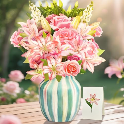 Happivue Birthday Cards for Women, 3D Forever Lily Flowers Bouquet Mothers Day Cards with Envelope, Pop Up Greeting Cards for Mum, Sister, Daughter, Gift for Birthday, Mothers Day, Get Well, Thank You
