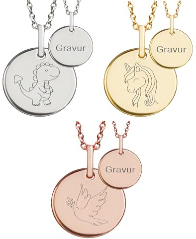 Amoonìc Kette Kinder personalisiert Silber 925 (Gold/Rosegold vergoldet) | Halskette Mädchen Jungen Ketten Anhänger mit Gravur Symbol (Einhorn, Regenbogen, Drache, Engel) Namen, Schmuck Geschenk Taufe