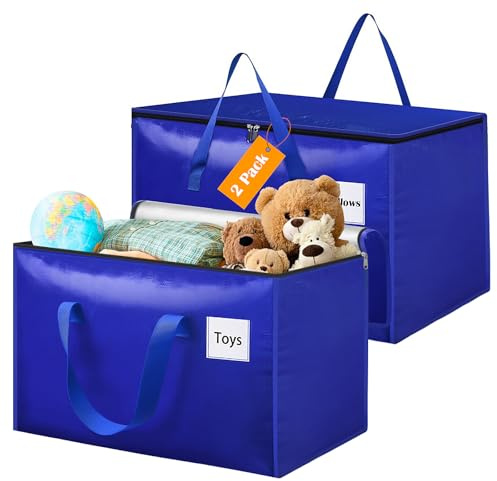 Withosent 100L Grande Bolsa de Almacenamiento, 2 Piezas Impermeable Bolsas de Mudanza con Cremallera y Asa, Bolsas para Guardar Ropa Edredones, Alternativa a Las Cajas de Mudanza, Azul