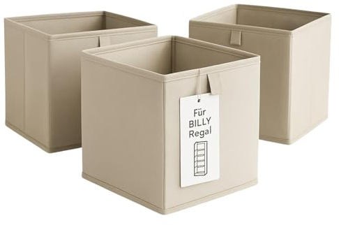3er Set Aufbewahrungsbox für Billy Regale in Beige - 24 x 24 x 24cm, faltbar mit Stoffschlaufe für Bücherregal, stabile Stoffbox zur Organisation