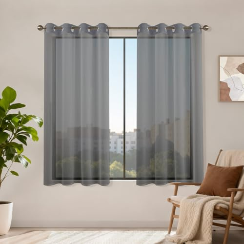 Runyéla Voile Gardinen mit Ösen 2er Set, H 160 x B 140 Stores Gardinen Dunkelgrau Transparent, Vorhänge Durchsichtig, Ösenvorhang Kurz Schlaufenschal für Schlafzimmer Wohnzimmer Küche Sheer Curtains