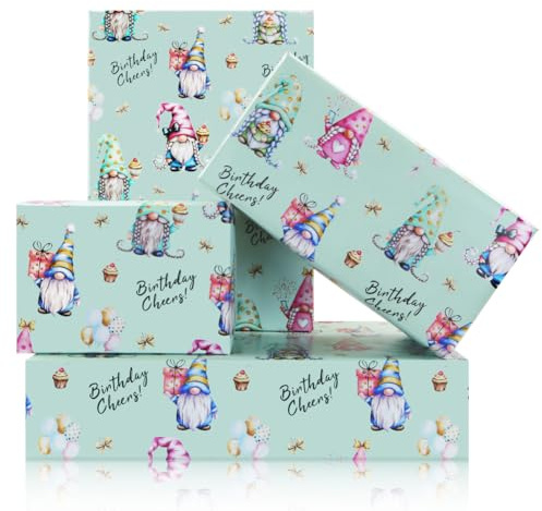 Geschenkpapier für Geburtstagswichtel für Kinder, Mädchen, Jungen, niedliche Zwerge tragen Hut und Ballon, Geschenkpapier – 4 Bögen, flach gefaltet, 50 x 70 cm, Geschenkpapier für Geburtstag, Urlaub