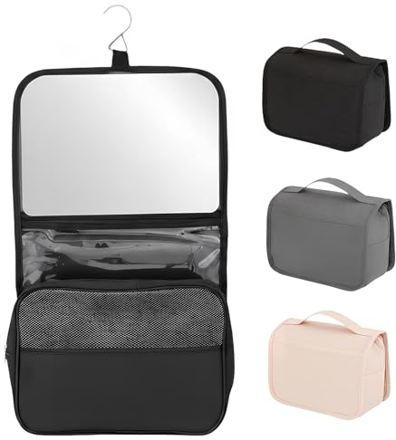 Trousse de Toilette, Pliable Grande Trousse de Toilette Voyage avec Miroir pour Hommes et Femmes, Multifonction Imperméable Sac Cosmétique Organisateur de Voyage avec Crochets (Noir)