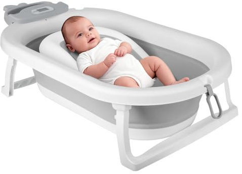 Homewell XXL vikbart babybadkar, barnbadkar med stödkudde, vattentermometer och sköljhuvud för baby, badmatta och resekomfort, 82 x 43 x 33 cm, grå (blad)