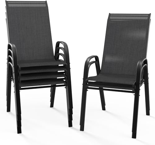 Bonnlo Stapelbare Gartenstühle 6er Set, Outdoor-Essstühle, Wetterfeste Stapelstühle mit Atmungsaktivem Textilene, Robustes Metallgestell, für Balkon, Terrasse & Garten, bis 180 kg, Schwarz
