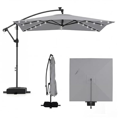 COSTWAY Sombrilla Terraza Exterior con Base, Parasol Excentrico con 32 Luces LED, Rotación de 360°, Manivela, Sacos de Arena, Sombrilla Jardín Grande para Patio Terraza (250 x 250 cm（con Luz）,Gris)
