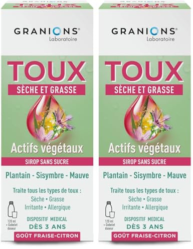 GRANIONS SIROP TOUX - 4 en 1 - Sans Sucres - Sirop Toux Seche et Grasse - Formule naturelle sans contre-indications - Extrait de Plantain - Dispositif médical - Dès 3 ans | Goût Fraise-Citron - 120 mL
