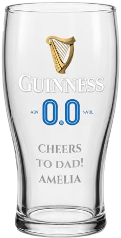 Print Maniacs Personalised Guinness 0.0 Pint Glass Custom Name Engraved Beer Glass Alcohol Free Present for Dad Husband Brother Birthday Christmas Pub Style Glassware Premium Quality Bar Gift Idea