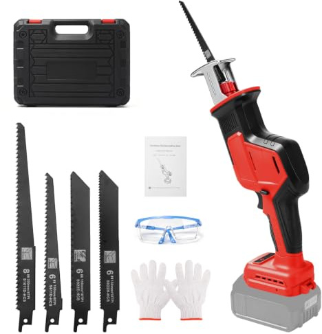 Batteridriven sabelsåg med 4 sågblad, LED-ljus och plastfodral, kompatibel med Milwaukee 18 V-batteri (utan batteri), 600 W borstlös tigersåg för skärning av trä och PVC