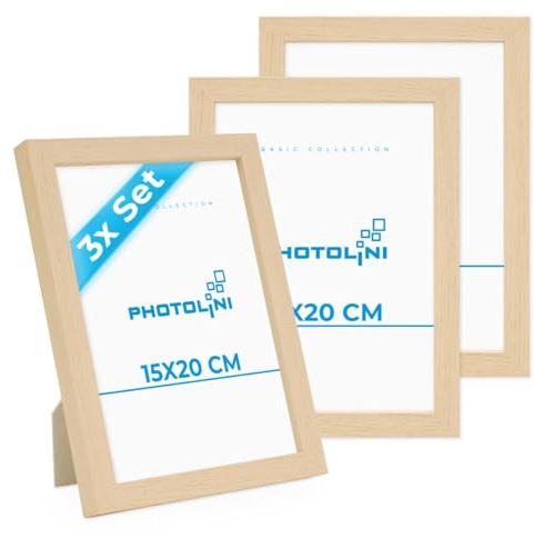 PHOTOLINI Bilderrahmen 15x20 Holz MDF Natur, 3er Set Bilderrahmen 20x15, Picture Frame mit Acrylglas, Fotorahmen 15x20 zum Aufhängen & Aufstellen, Rahmen 15 x 20 cm mit Zubehör für Fotos & Poster
