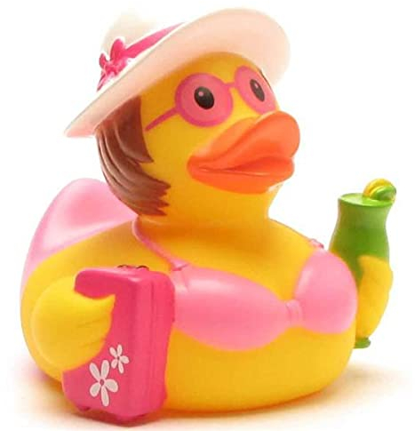 Duckshop I Badeente Urlauberin I L: 9 cm I Quietscheente I inkl. Quietscheentchen-Schlüsselanhänger im Set I Geschenk Reise I Präsent Sammler