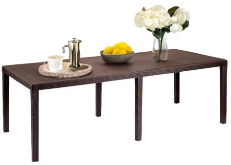Dmora - Tavolo da esterno Roma, Ripiano rettangolare allungabile da pranzo, Tavolo da giardino estensibile effetto rattan, 100% Made in Italy, 150/220x90h72 cm, Marrone