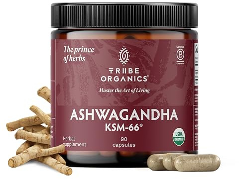 TRIBE ORGANICS Ashwagandha KSM 66 Pure Organic Root Powder Extract Ayurvedic Supplement - Focus Mood Support Increase Energy Strength 600mg of Natural KSM66 for Superior Absorption - 90 Capsules