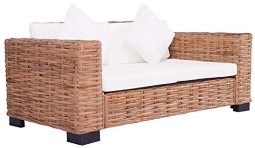 Festnight 2-Sitzer Gartensofa Natürliches Rattan | Rattansofa Lounge Sofa mit Sitzpolster | Gartenm?Bel Balkon M?Bel