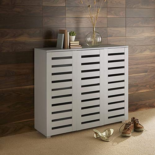 Home Source 3 Door Wooden Shoe Storage Cabinet Rack Stand Slatted Cupboard, Grey