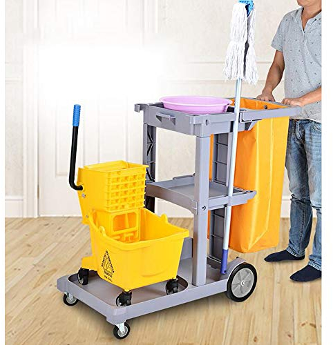 tonchean Cleaning Trolley on Wheels, Commercial Janitorial Cart with Removable Waste Bag, Heavy Duty Housekeeping Trolley Janitor-Housekeeping Carts, Grey