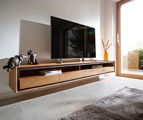 DELIFE TV-Board Stonegrace Akazie Natur 240 cm 2 Fächer 4 Schubladen Steinfurnier schwebend