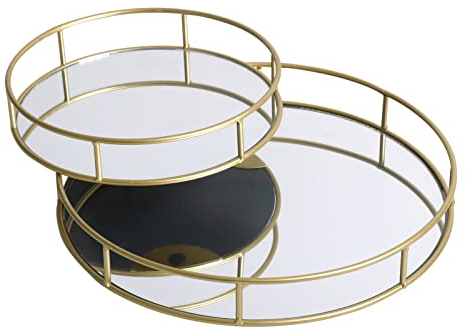 Mirror Tray Gold Decorative Mirrored Glass Tray Metal Perfume Vanity Dresser Jewellery Cosmetics Organiser Candle Tealight Plate Display Drinks, Set Of 2 (Round)